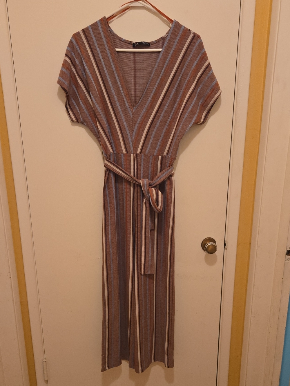 ZARA Striped V-Neck Belted Jumpsuit in Brown, Blue, Cream